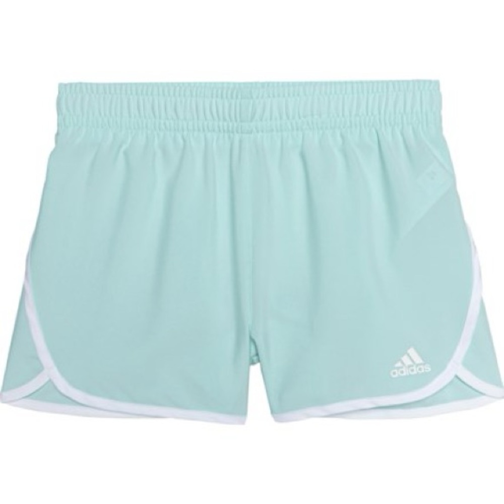 NWT adidas Big Girls Woven Soccer Shorts in Light Turquoise with White Trim; XL